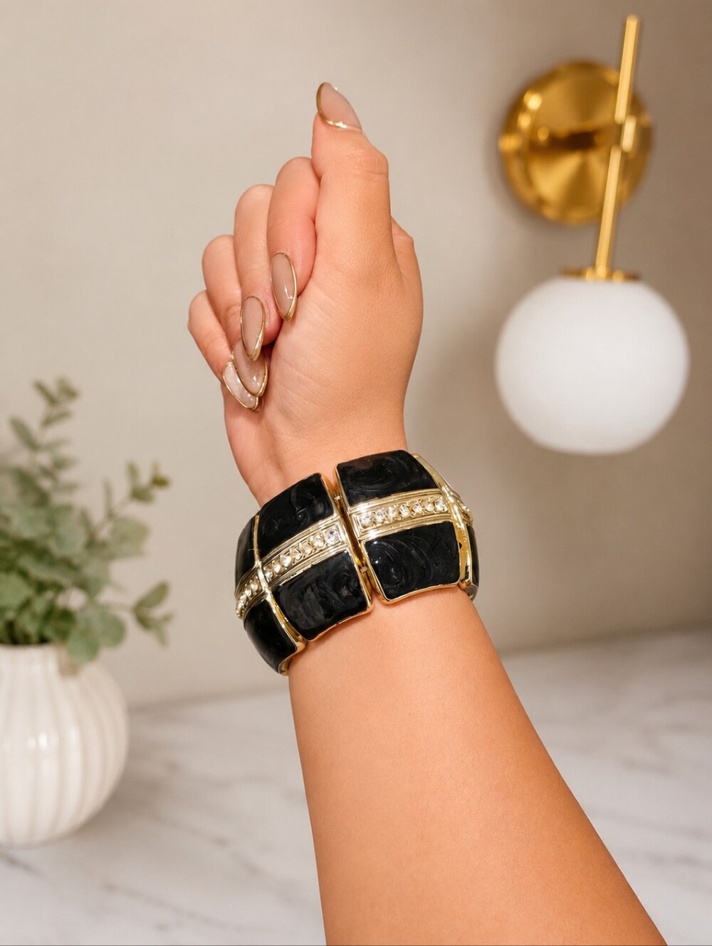 Vintage Black Enamel & Rhinestone Statement Stretch Bracelet | Gold Tone Glamour